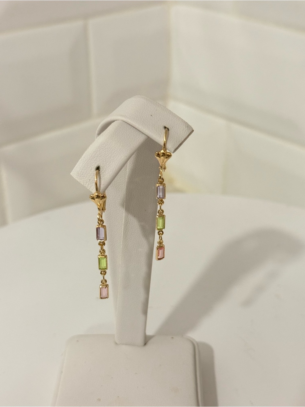 Gold Drop Earrings with Pink and Green Stones - Women Jewelry - Picture 3 of 3